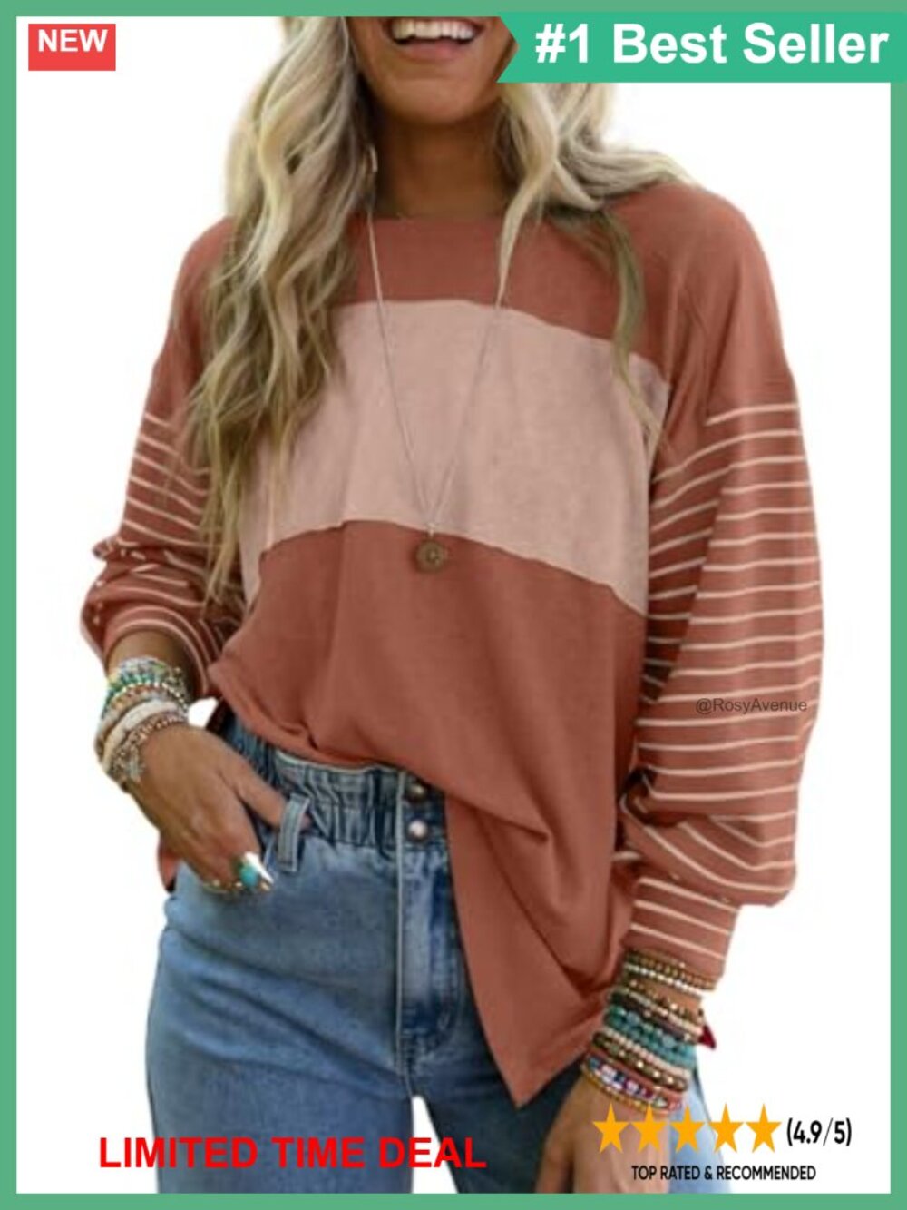 Dokotoo Oversized Color Block Women's Long Sleeve Tunic Top Crew Neck